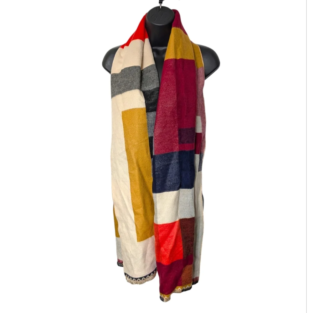 Colorful Block Pattern Mulberry Silk And Fine Wool‎ Scarf